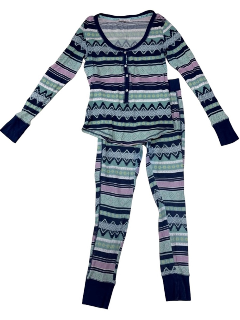 Victorias Secret Long Sleeve Henley Pajama Set in Navy, Pink & Mint